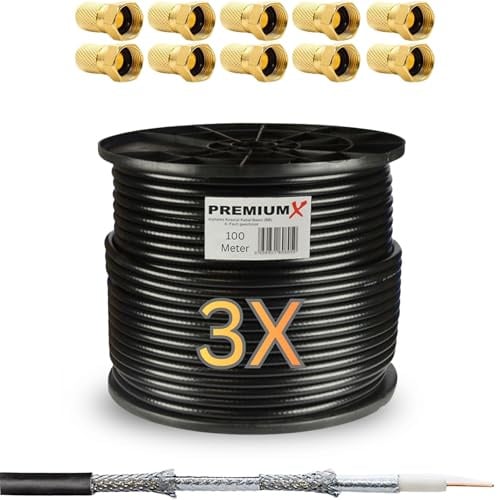 Premium X BASIC SAT Koaxialkabel 300m Schwarz - Stahl/Kupfer Innenleiter - 5-fach geschirmt - TV Antennenkabel für Innen & Außen (UV/wetterfest) inkl. 10x F-Stecker | HDTV · UHD · 4K · 8K