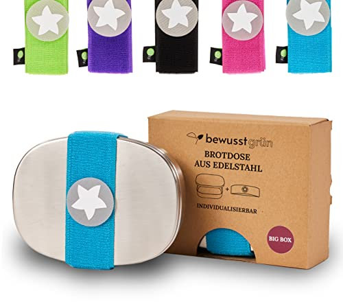 BewusstGrün Edelstahl-Brotdose für Kinder mit Fächern I BigBox DottyBox®-System mit Klettband in Türkis I Personalisierte Brotdose für Kindergarten und Schule