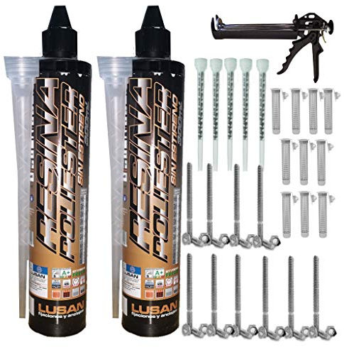BricoLoco Kit Anclaje Adhesivo 2 Taco químico poliéster sin estireno 300 mm. + 5 cánulas + 10 tamices + 10 varillas + pistola. Bricolaje doméstico y profesional