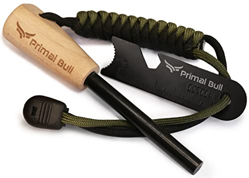 Primal Bull Feuerstahl mit Holz, Paracord Griff - 7 cm lang, Ø8 mm - Extreme Funken, Firesteel Outdoor Feuerstarter Survival Gear