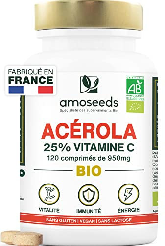 Acérola BIO, 25% Vitamine C Naturelle | 120 comprimés de 950mg à croquer | Anti-fatigue, Stress oxydatif, Immunité | Qualité Supérieure