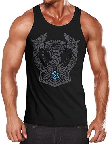 Neverless® Herren Tank-Top Odin Thor Hammer Valknut Wotanknoten Runen Nordmänner Mythologie Muscle Shirt schwarz XL
