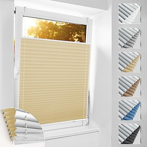 bobodeco Plissee ohne Bohren Verdunkelung Klemmfix, Hellbeige 90x120 cm(BxH) Verdunklungsplissee Thermo Plissees 100% Verdunkelnd & lichtundurchlässig Plisseerollo für Fenster & Tür