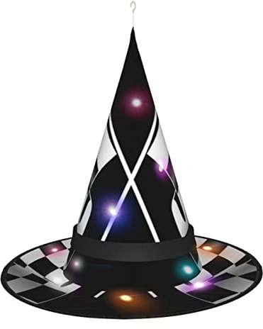 Chapeau de sorcière LED noir et blanc avec motif de drapeaux à carreaux pour Halloween, fête, carnaval, décorations