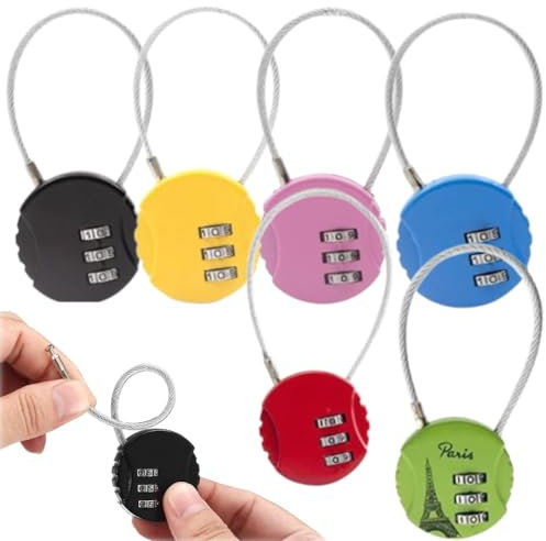 6 Piezas Candados de Combinación,Candados de Cable Flexible,Colores Candado de Alambre para Equipaje,Candados de Seguridad de Combinación de Numerico 3 Dígito,para Gimnasio Maleta Equipaje