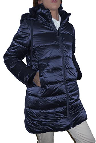 Fantasy Pelliccia Ecologica Reversibile Piumino Imbottito Lunga Ragazza Donna Cappuccio (S 42 IT Donna, Blu)