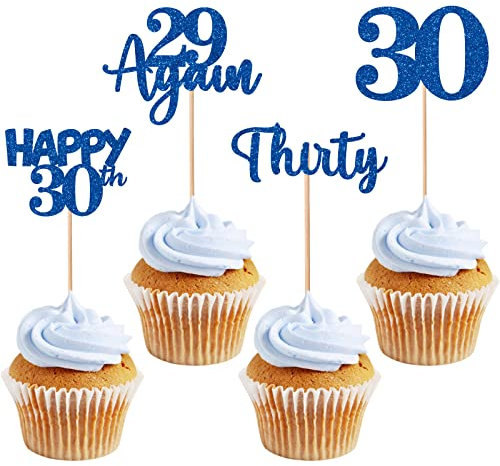 Gidobo 24Pcs Blue Glitter 30th Birthday Cupcake Toppers Happy 30th Thirty Cake Toppers 29 Again Cupcake Picks for 30th Birthday Party Cake Decorations Supplies