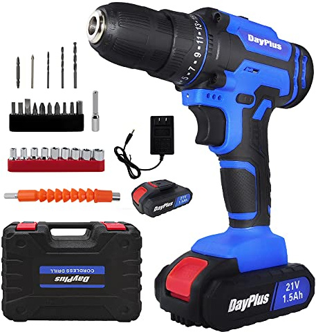 Cordless Drill Driver 21V, Electric Machine, 45 Nm Combi Drill, 2-Speed Screwdriver Set With 2X 1.5Ah Li-Ion Batteries, Forward and Reverse Setting