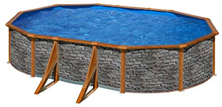 Paradies Pool® Gre Giant oval 375x730x120cm (Ø x H), Stahlwandbecken Stein/Holz, Poolplane in blau 0,4mm, Handlauf extra breit, inkl. Skimmer-Set und Leiter, Swimmingpool, Menge: 1 Stück