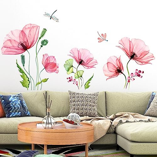 HGDESIGN® Wandtattoo Wandaufkleber Blumen Mohnblumen Rot Wohnzimmer Schlafzimmer Wandsticker Wandbild Wanddeko Selbstklebend (Rot)