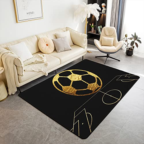 Loussiesd Kinder Fußball Weich Teppich 100x150cm Wetterfest Soccer Ball Sport Arena Modern Teppich für Mädchen 3D Ball Spiele WohnzimmerTeppich für Küche und Balkon Golden Schwarz Bodenmatte
