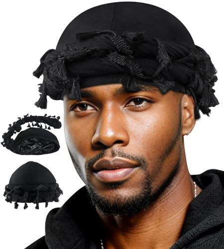 Babalet Halo Turban for Men Women Satin Lined Durag Head Wraps Scarf Skull Cap Pre-Tied Tassel Beanie Sleeping Bonnet Headwraps Chemo Hair Loss Hat,Black