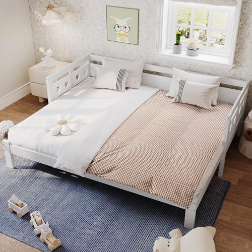 Aunvla Cama de día extensible, 90 x 190 cm, pino macizo, con 2 camas y somier enrollable en forma de corazón, color blanco