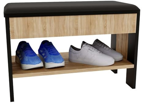 CraftPAK Schuhregal mit Klappdeckel und gepolstertem Sitz| Schuhbank | Schuhschrank mit Sitzfläche 46x66x33 cm - Schmale Sitzbank aus Holz mit Schuhablage Schuh Bank mit Polster/Beige