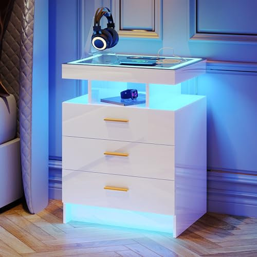 Lvifur Led Nachttisch mit Ladefunktion,Smart Nachtschrank mit 3 Licht Dimmbar, Hochglanz Sideboard mit 3 Schubladen USB Type-C Automatischer Sensor Schlafzimmer Weiß