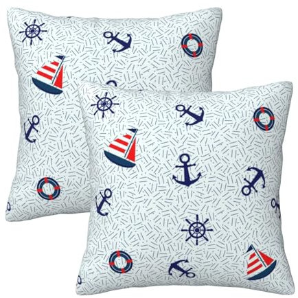 2 Stücke Dekokissen Segelboot Anker Rettungsring Zierkissenhülle Square Kopfkissenbezug Retro Kissen-Hülle Für Sommer, Frühling, Terrasse, 45X45Cm