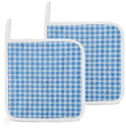 Topflappen in Blau und Weiß, kariert, hitzebeständig, verdickt, mit Schlaufe, wasserdicht, langlebig, Topflappen für Mikrowelle, Kochen, Backen, Backofen, Grillen, 20,3 x 20,3 cm, Blau und Weiß