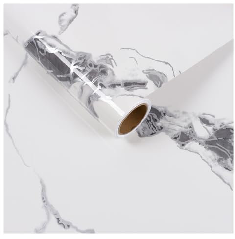 CRE8TIVE Film adhésif blanc brillant aspect marbre argenté gris blanc papier peint autocollant pour plan de travail cuisine salle de bain mur de cuisine amovible film marbre pour armoires de cuisine