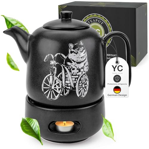 YC Yang Chai YC GATOLO - Teiera con fornello, in ceramica nera opaca, 1,3 l, teiera con inserto per colino, antigoccia e resistente al calore, teiera in ceramica fatta a mano, calore duraturo