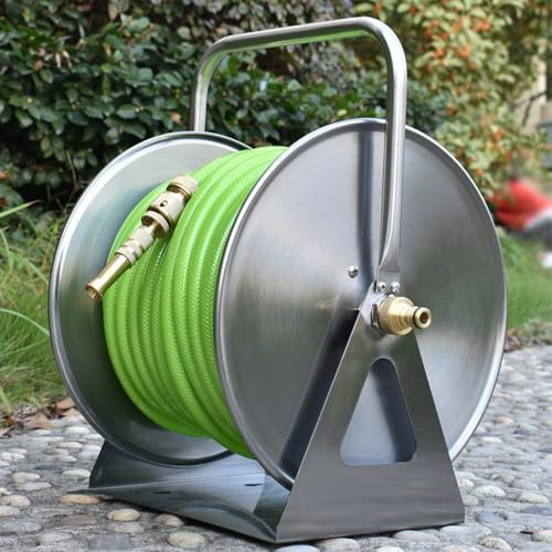 SHENJIA Heavy Duty Edelstahl Schlauchtrommel + 2m Wasserschlauch & Düse | Wand/Boden Montage Metall Wasserschlauch Halter Für Garten Im Freien | Hält Bis Zu 150 Ft Schlauch
