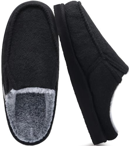 ONCAI Hausschuhe Herren Filz Komfort mitPlüsch Pantoffeln Orthopädische Arch Support Wärme Flauschig Slippers mit Memory Foam Indoor Outdoor Rutschfest Gummisohle Plüsch Schwarz Größe 47