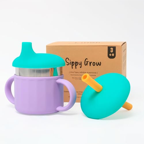 Sippy Grow de Lil·loh | Vaso bebé 3 en 1 con boquilla, pajita y taza abierta | Acero inoxidable con asas | Evolutivo | Sin BPA y no tóxico | 6 meses+ | Vaso aprendizaje evolutivo infantil