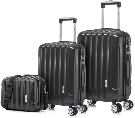 1990s Set de 3 valises de Voyage Cabine 55x39x21cm (45L), Moyenne 65cm, Trousse de Toilette, Valise Rigide Polycarbonate - Noir