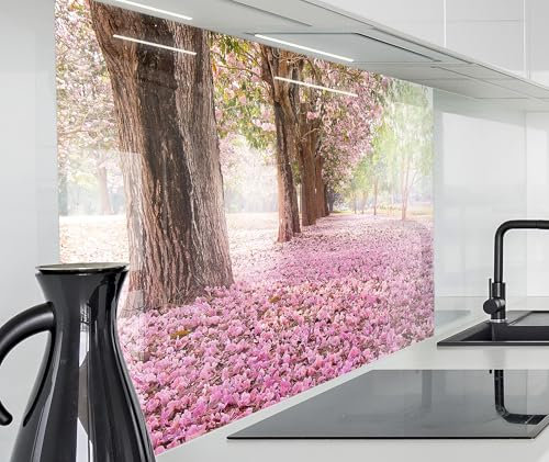timalo Spritzschutz Wand für Herd, Küche Küchenrückwand Glasoptik | Acryl Glas 2mm | Glasrückwand Acrylglas Wandpaneele Rückwandschutz Platte | 160x50cm Wald Kirschblüten
