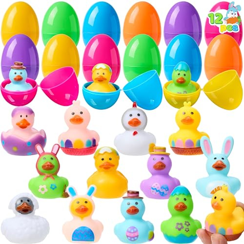 JOYIN 12 Stück gefüllte Ostereier mit Gummiente, Bunte Ostereier mit verschiedenen gelben Enten zum Spaß, Ostern Eier für Ostern Partyzubehör, Osterkorb Füllstoffe, Osternest (bunte Enten)