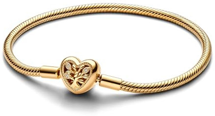 PANDORA Moments Stammbaum Herzverschluss Schlangen-Gliederarmband aus Sterling Silber mit vergoldeter Metalllegierung, Kompatibel Moments Charms, Größe: 23 cm, 563516C01-23