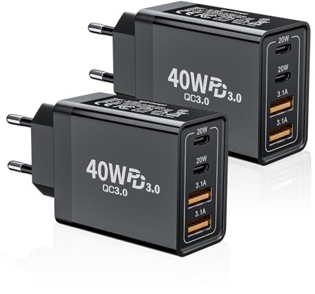 2-Pack Enchufe Cargador USB C, 40W 4-Puertos USBC Cargador Carga Rapida para iPhone 16 15 14 13 12 11 Pro MAX SE XS X 8 7 iPad Samsung, Mobile, Tablet, Cargador Movil Multiple con Tipo-C USB-A