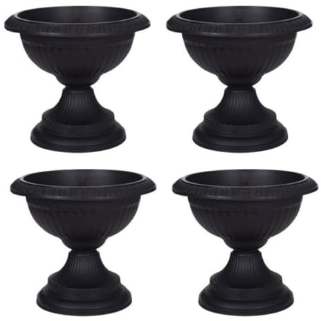 shopior Flower and Herb Plastic Urn Pots | Hourglass Shape - Indoor Outdoor Decor | Wall Planters | Plant Pots for Succulents and more | Urn Flower Pots for Garden, Balcony - 42cm (4, Black)