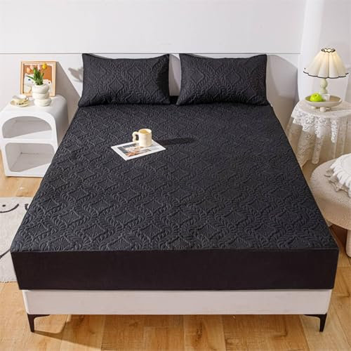 Lirzxin Spannbetttücher 150x200 cm, Boxspringbett Spannbettlaken Polyester Baumwolle Einfarbig mit Phönixschwanz Blumen Struktur Spannbetttuch Doppelbett Weiches und Atmungsaktives, Schwarz