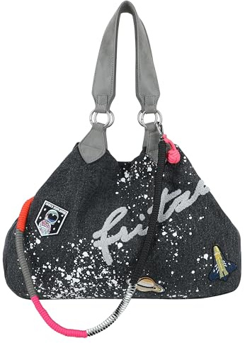 Fritzi Izzy Medium Limited Out of Space Shopper Damen Schultertasche Umhängetasche Freizeit Alltag Magnetverschluss Baumwolle 36 x 40 x 13 cm, Schwarz