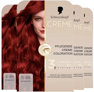 Schwarzkopf Creme Supreme Coloration 6-88 Intensivrot (4x 182 ml), dauerhafte Haarfarbe mit Serum und Haar-Maske schützt vor sichtbaren Haarschäden, für 100% Grauabdeckung