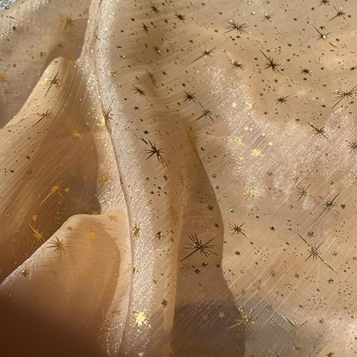 YKAFADE Tüllstoff Organza Stoffe zum Nähen 150cm*3m Dekostoff Mit Sternen Pailletten Sparkly Stoff für Hochzeit Party Bankett Deko Handwerk Tischedeko Kleidung Geschenk -Champagner Gold