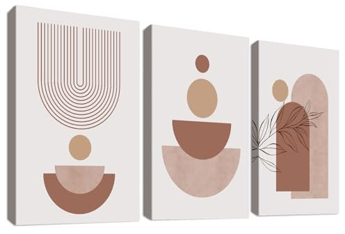 3Pcs Beige Braun Minimalistisch Mit Rahmen Leinwand Bilder Boho Abstrakte Geometrische Linien Bild auf Leinwand Malerei Wandbilder Wohnzimmer Schlafzimmer Badezimmer Wanddeko 120x60cm (16x24x3)