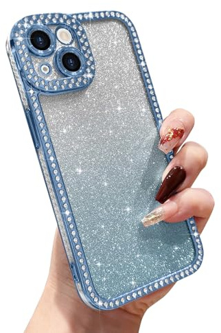 L-FADNUT for iPhone 13 Glitter Case, Luxury Diamond with Removable Glitter Sparkly Card Phone Case, Camera Protection Slim Shockproof Back Cover for Women Girls for iPhone 13, Blue