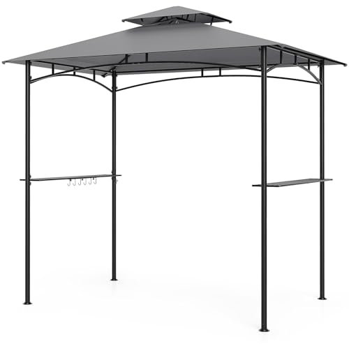 GOPLUS Grillpavillon 242 x 150 cm, Grill Pavillon Doppeldach, mit 2 Seitenregalen & 6 Haken, BBQ-Zelt mit Metallrahmen, Grillüberdachung wetterfest, Grillunterstand für Terrasse, Garten & Party
