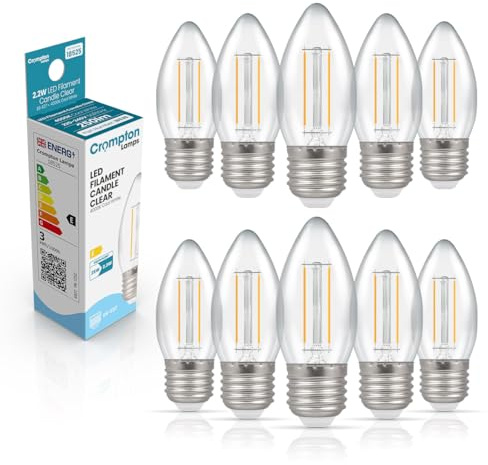 Crompton Lamps Filament Candle LED Light Bulb ES-E27 | 2.2W = 25W Equivalent | Cool White 4000K | Energy Efficient | Edison Screw Lightbulb | Long Life 15,000-Hrs | Clear Glass | 10-Pack