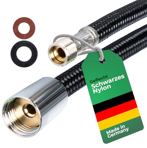 Tuyau de douche M15 x 1 et écrou conique 1/2 1500 mm, tuyau blindé noir avec tressage en nylon pour robinets de cuisine et de salle de bain avec douchette extensible, tuyau de douche de rechange pour