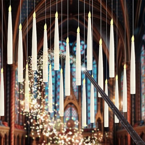 Foreverup 20 Stück Schwebende Kerzen mit Zauberstab, Fliegende LED Kerzen mit Zauberstab Fernbedienung, Flammenlose Hängende Fliegende Kerzen für Halloween, Party, Weihnachten, Wohnzimmerdekoration