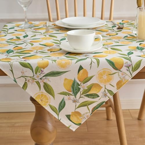 Tischdeko Gelb 100 x 100 Zitronen Modern Lemon Grüne Blätter Summer Tischdecke Zitrone Polyester Abwaschbar Dekoration für Drinnen Draußen Herbst Esstisch Party Dekor Hochzeiten Feiertage Geburtstag