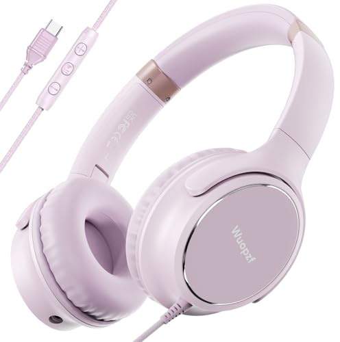 Wuopzf USB C Wired Over-Ear Headphones with Microphone | Volume Control, Share Port, and Adjustable Headband Foldable Stereo Headset for iPhone 16, Samsung, Laptop, Gaming, Travel