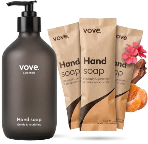 Vove Kit de démarrage de savon pour les mains avec flacon pompe en verre foncé rechargeable et 3 recharges – Mandarine/géranium/bois de cèdre, poudre au gel, extrait d'aloe vera/cactus, végétal, sans