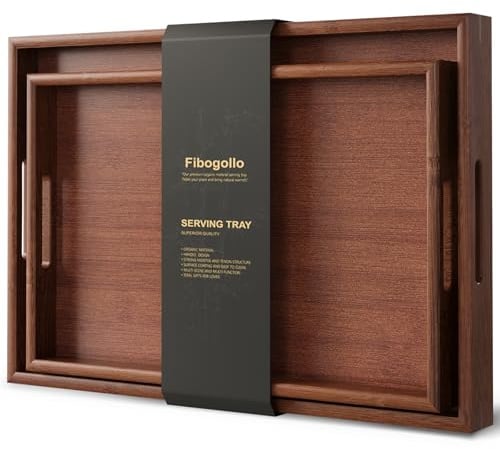 Fibogollo 2er Set Bambus Serviertablett, Deko Tablett Serviertabletts mit Griffen,Groß Küchentablett Servierplatten für Frühstück Geschirr Getränke(Braun)
