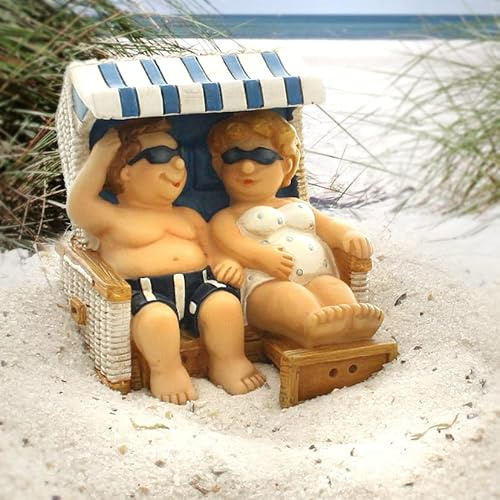 mucHome Polyresin Badeurlaub Dekofiguren Set, Lustige Badegäste, Sommerdeko für Garten und Haus, Verschiedene Sets, Rentnerpaar, Urlaub, Geschenkidee Urlauber (Strandkorb Blau)