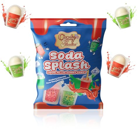 Candy Paradise Halal Liquid Filled Gummy Candy – Soft & Chewy Fruit Gummies with Juicy Centre – Fun, Colourful Treats for Kids & Adults – Great for Parties, Gifts & Snacking (Pack of 1, Soda Splash)