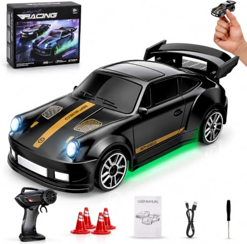 Umikk 1:64 Mini RC Drift Car mit LED-Beleuchtung, Allradantrieb | 2,4 GHz Mini-Ferngesteuertes Driftauto mit 4 Hindernissen und 2 Geschwindigkeitsmodi, Geschenke für Kinder und Erwachsene