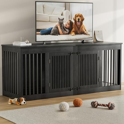 AMLANCHER Hundekäfig Möbel für 2 Groß Hunde, 183cm Übergroß Hundebox für Zuhause mit Abnehmbare Trennwand und 2 Türen, Indoor Holz Hundekäfig als Beistelltisch & TV Schrank, 183x60x75cm, Dunkelgrau